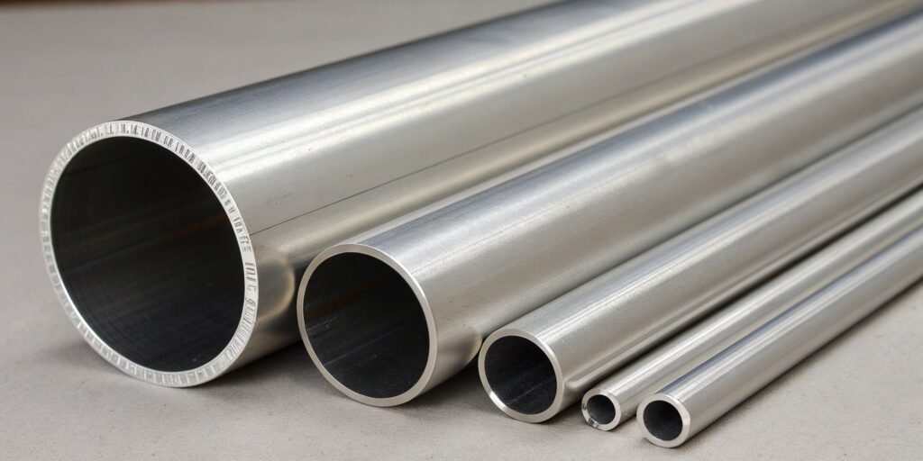 A caliper measuring the outside diameter (OD) of a piece of aluminum tubing.